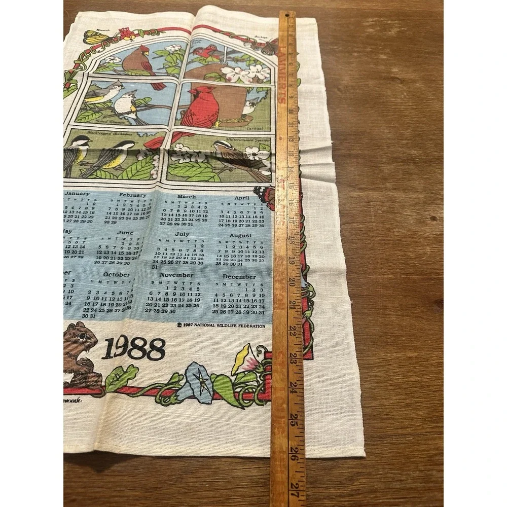 Vintage 1988 Printed Cloth Hanging Wall Calendar Tea Towel Butterfly Flower Bird